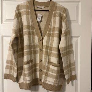 LOFT Cream and Tan Plaid Button-Front Cardigan